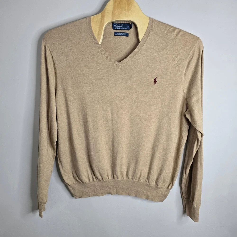 Polo Ralph Lauren Mens‎ Tan V Neck Sweater XXL Pima Cotton Embroidered Logo